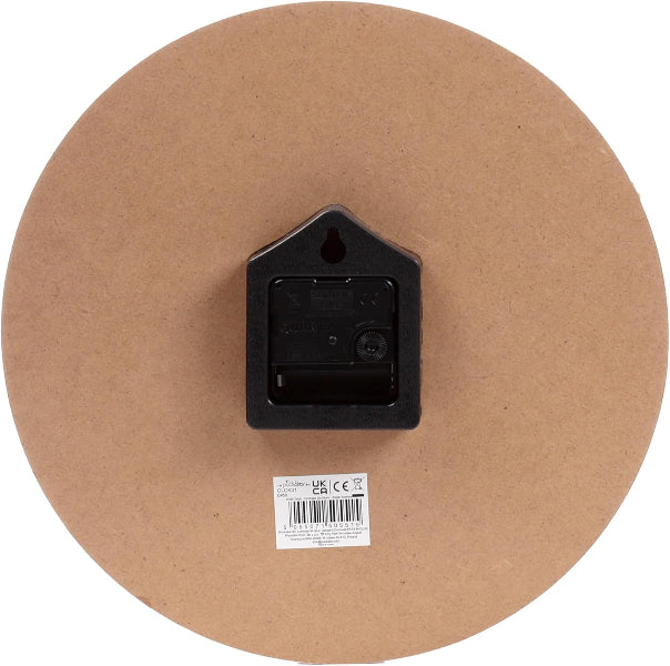 Round brown cardboard base with a black wall-mounted fixture and a label on a white background