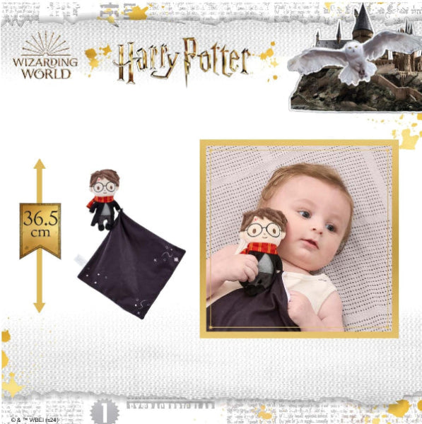 Baby holding a Harry Potter plush toy with 'Harry Potter' branding and a castle in the background.