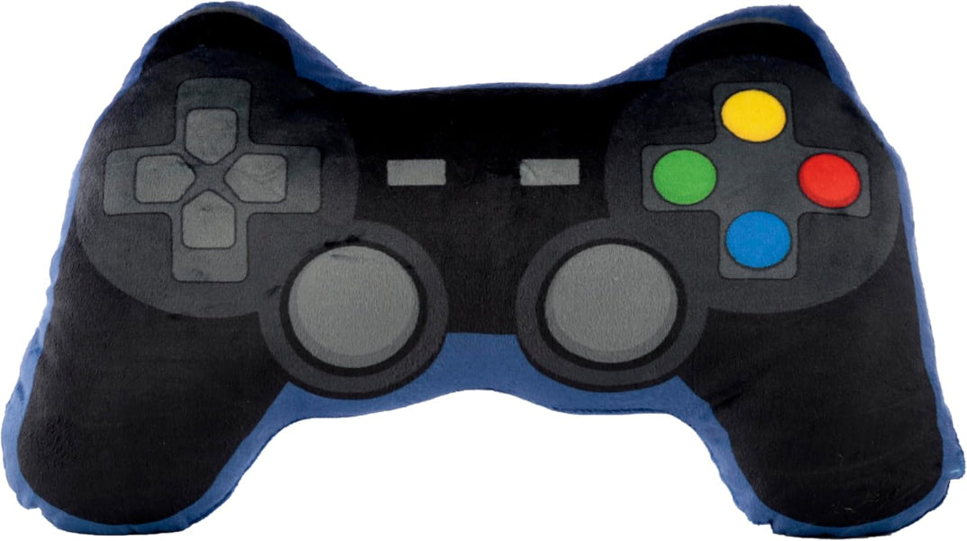 Plush toy shaped like a gaming controller with colorful buttons on a white background