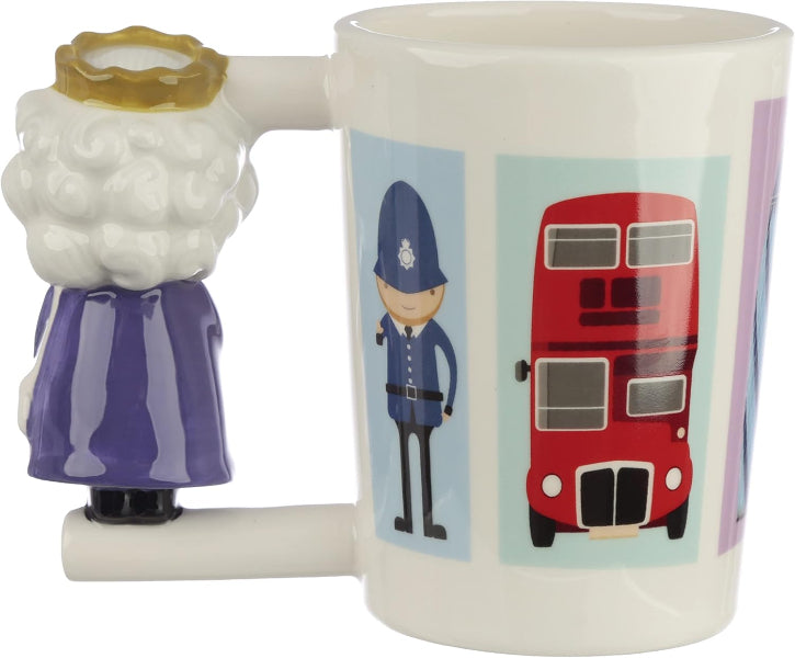 Mug with a lion handle featuring a police officer and red double-decker bus design.