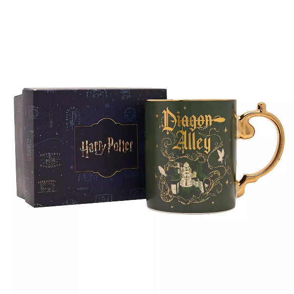 Harry Potter mug with gold handle and 'Diagon Alley' text, next to a matching box.
