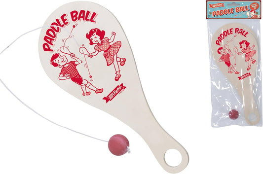 Paddle ball set with paddles and a ball, featuring vintage-style graphics on a white background.