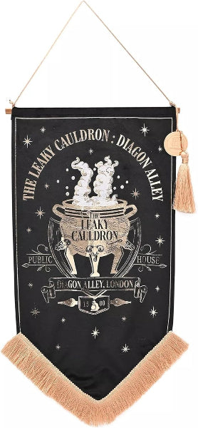 Decorative banner with 'The Leaky Cauldron' design on a black background