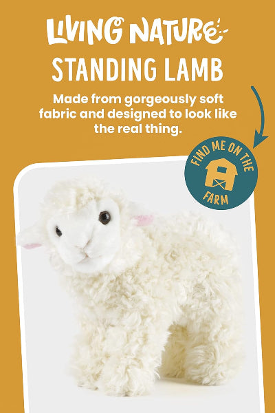White plush lamb toy on a white background with text about its soft fabric and farm design.