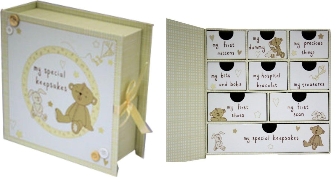 Baby keepsake box with teddy bear design and compartments labeled for baby items.