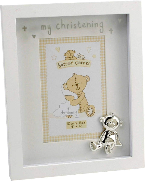 Decorative frame with teddy bear design and 'my christening' text, featuring a small silver teddy bear charm.
