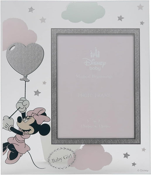 Disney baby photo frame with Minnie Mouse design on a light gray background