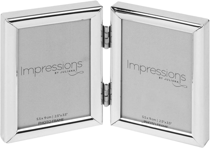 A silver-toned metal double-hinged photo frame shown open, with two back panels visible. The back of each panel reads 'Impressions by Juliana' and '5.