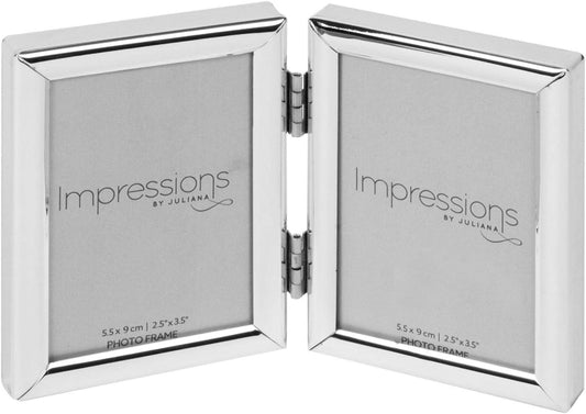 A silver-toned metal double-hinged photo frame shown open, with two back panels visible. The back of each panel reads 'Impressions by Juliana' and '5.