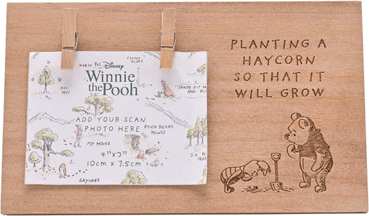 A wooden plaque featuring Winnie the Pooh engraved with the phrase 'PLANTING A HAYCORN SO THAT IT WILL GROW' and an illustration of Pooh digging, with a sample photo-boarding insert clipped on the left side.