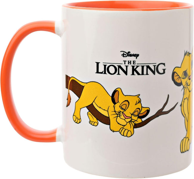 A white ceramic Disney The Lion King mug with a bright orange handle and interior rim, featuring Simba and the movie logo printed on the front.