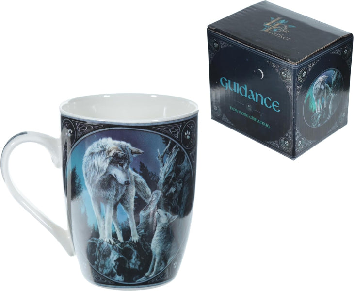 Mug with wolf design and packaging labeled 'Guidance' on a white background