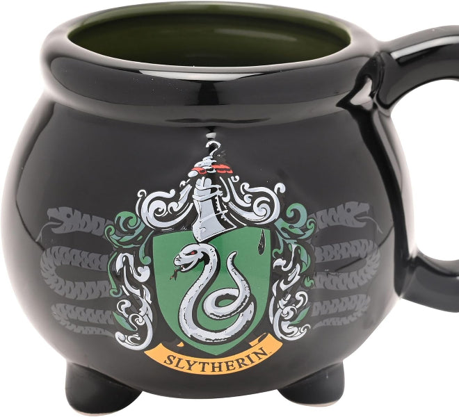 Black mug with Slytherin crest design on a white background