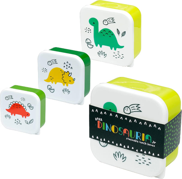 Set of dinosaur-themed lunch boxes on a white background