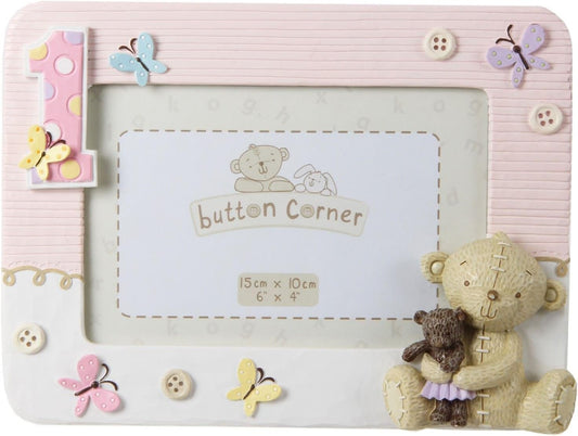 Button Corner Resin 1st Birthday Pink Photo Frame 6" x 4"
