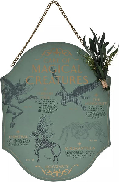 Decorative sign with illustrations of magical creatures from Hogwarts, featuring text and a hanging chain.