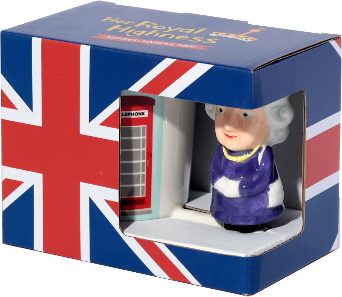 Figurine of a woman in a purple dress with white hair, displayed in a box with a Union Jack design.