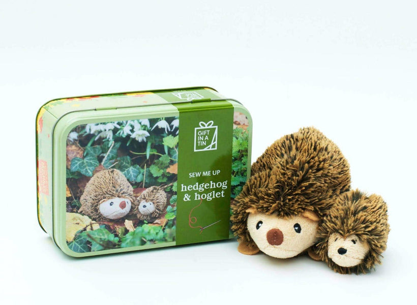Hedgehog plush toy with a tin packaging featuring hedgehog illustrations on a white background