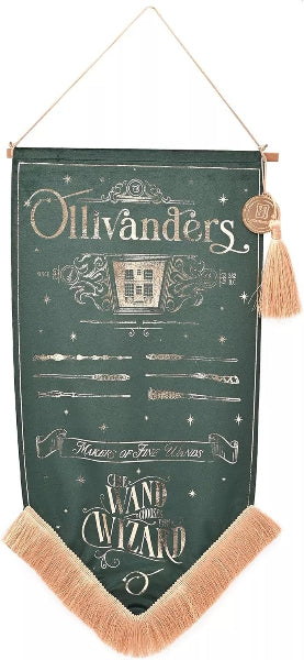 Decorative banner with 'Ollivander's' text and wand illustrations on a green background.
