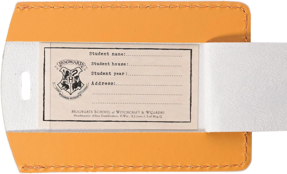 Yellow luggage tag with a Harry Potter-themed boarding pass design.