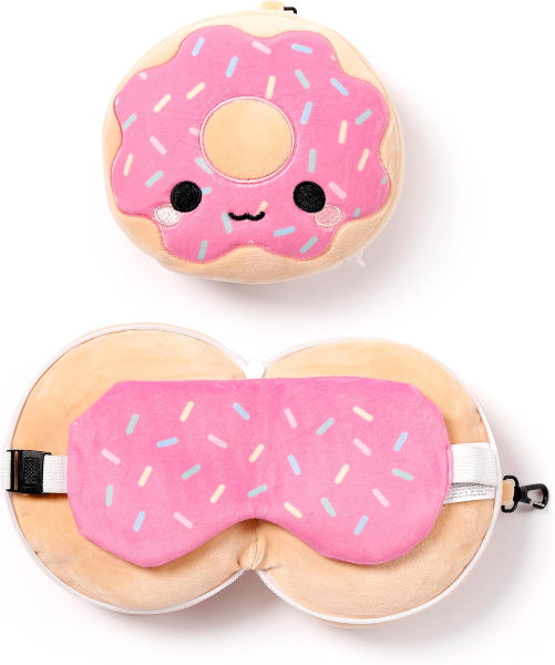 Donut-shaped eye mask and pillow set on a white background