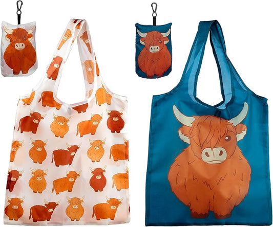 Set of reusable bags with cow patterns on a white background