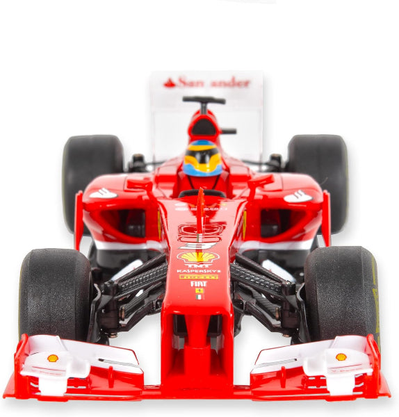 Red Formula 1 car with a driver figure on a white background