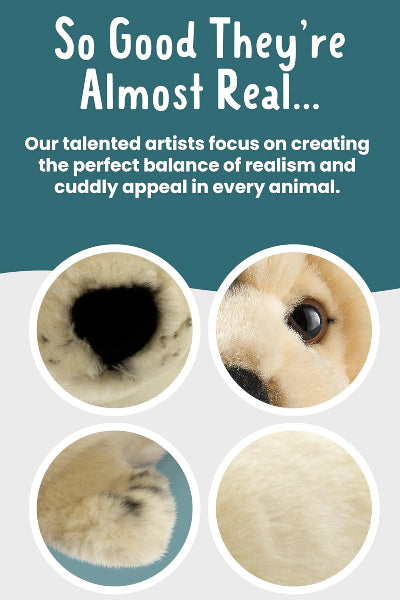 Advertisement for animal art with close-up details and text about realism and cuddly appeal.