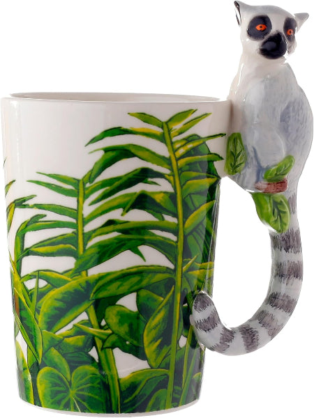 Mug with a lemur handle and tropical leaf design