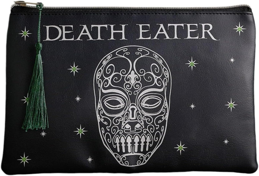 Black pouch with 'DEATH EATER' text and skull design, featuring a green tassel.