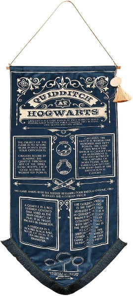 Decorative banner with 'Quidditch at Hogwarts' text and design on a blue background