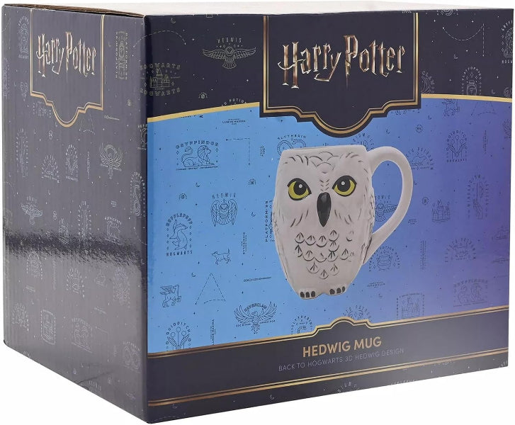 Harry Potter Hedwig mug packaging with owl design on a blue background