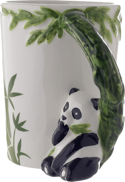 Mug with panda design and bamboo leaves on a white background