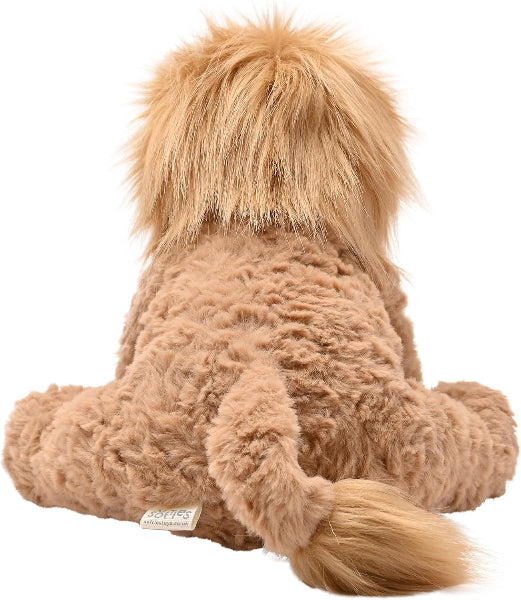 Brown plush toy with a fluffy top and tail on a white background