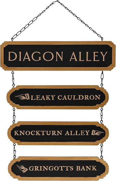 Decorative sign with names of wizarding street locations from a fantasy series.