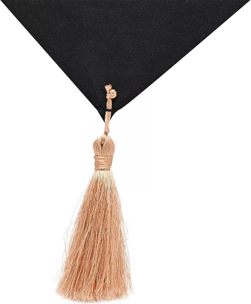 Black graduation gown with a beige tassel on a white background