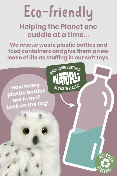 Eco-friendly soft toy owl with recycling information on a pink background