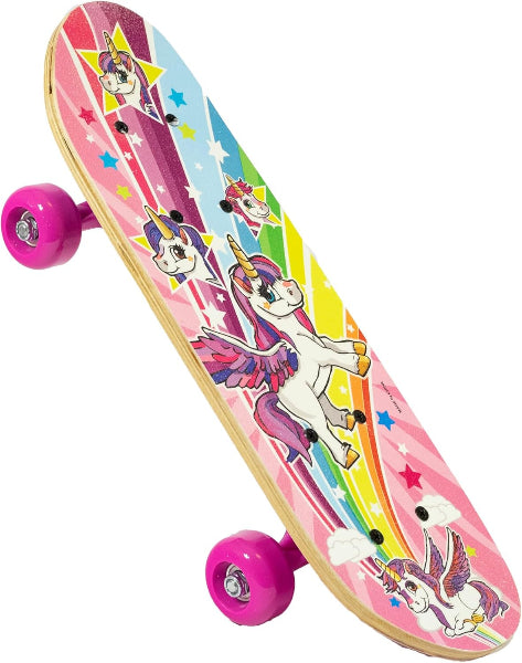 Unicorn-themed skateboard with colorful design on a white background