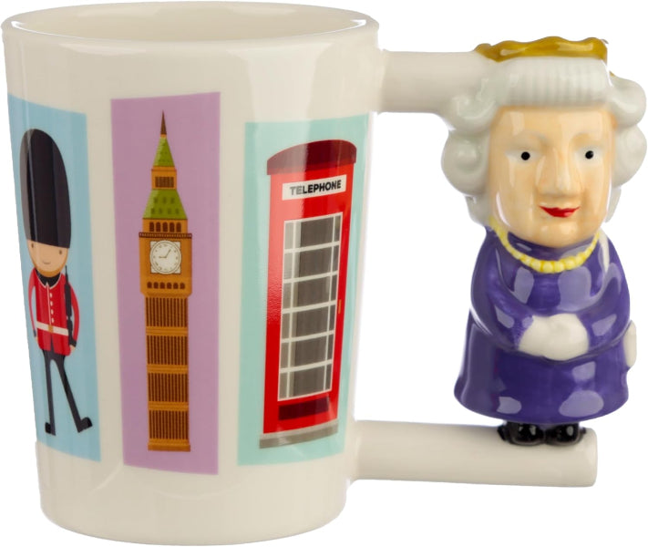 Mug with a handle shaped like Queen Elizabeth II, featuring British icons.