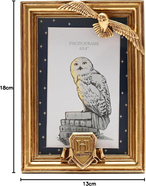 Gold photo frame with owl design and Hogwarts crest, dimensions shown