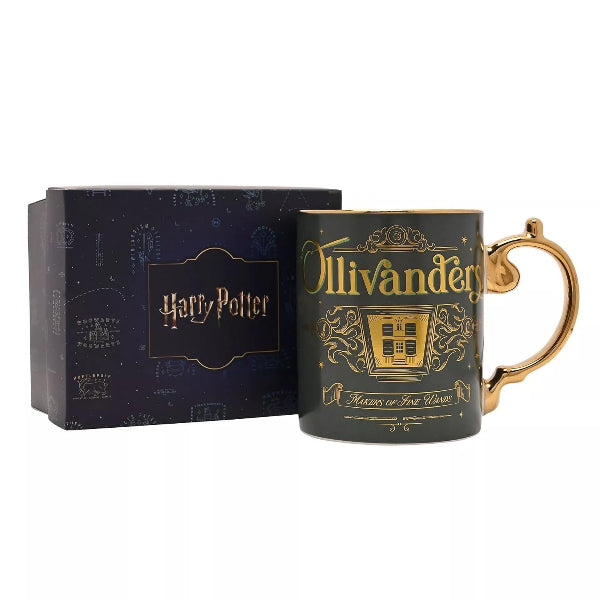 Harry Potter mug with 'Ollivander's' design next to a branded box on a white background