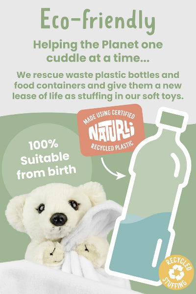 Eco-friendly teddy bear made from recycled plastic bottles with text on a green background