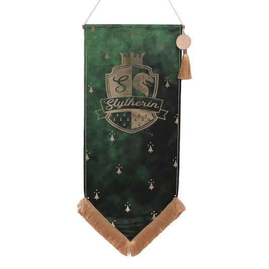 Slytherin banner with crest and text on a green background