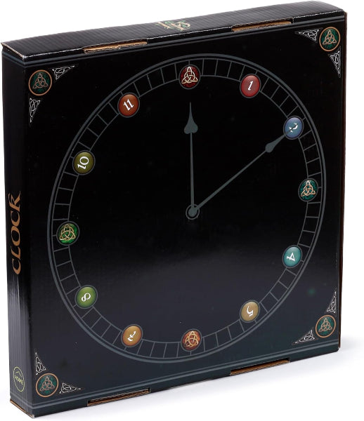 Black clock-shaped box with symbols around the rim on a white background
