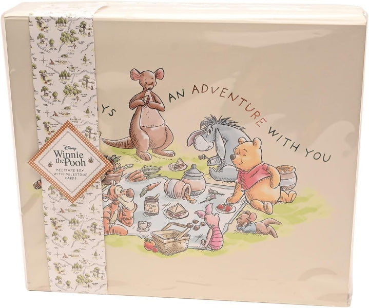 Winnie the Pooh gift box with illustrations of characters and text on a beige background
