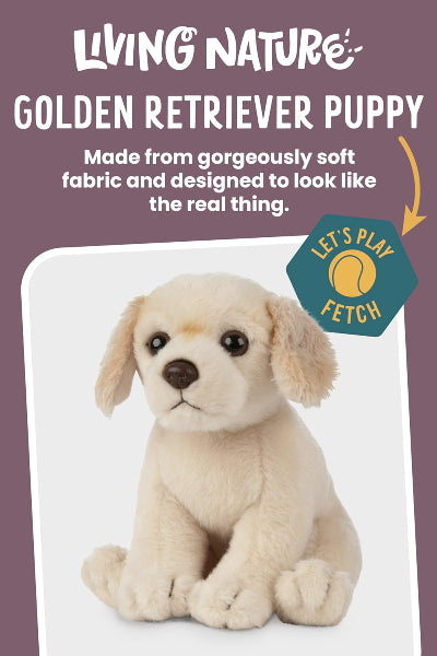 Plush Golden Retriever puppy toy with promotional text on a purple background