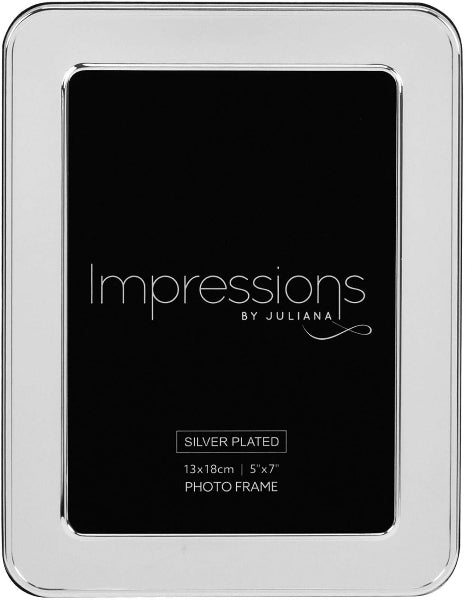 Silver-plated photo frame with 'Impressions by Juliana' branding on a black background