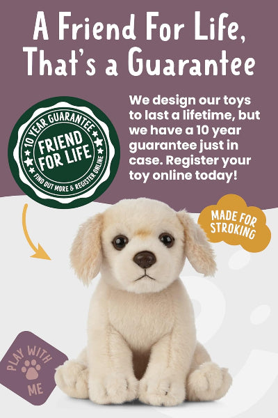 Stuffed dog toy with promotional text and branding on a white background