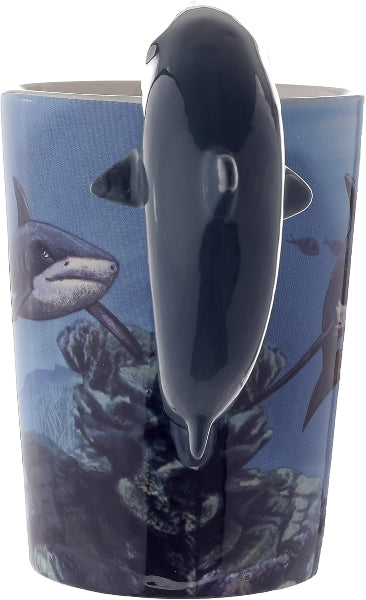 Travel mug with orca whale design on a blue underwater background