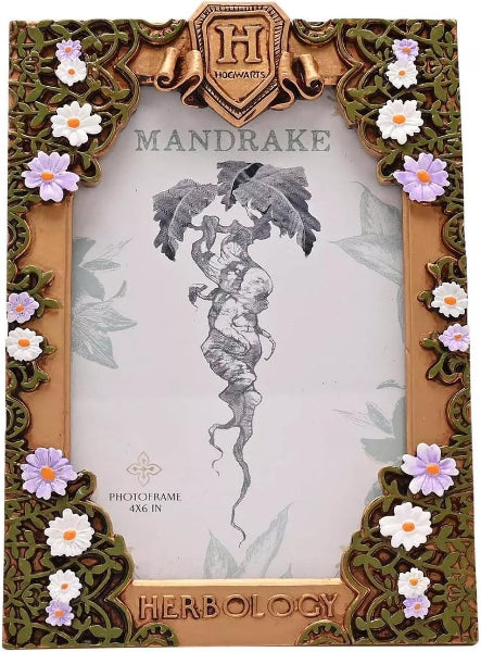 Decorative photo frame with 'Harry Potter' Hogwarts crest and mandrake illustration